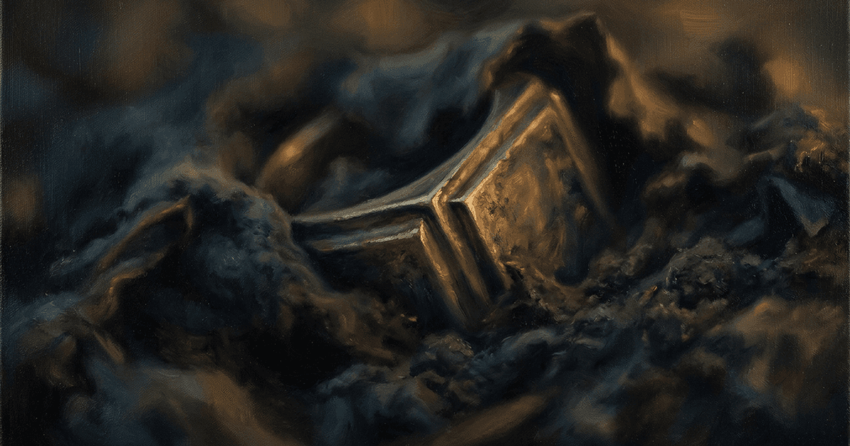 Un objeto anguloso parcialmente engullido por algo suave — la creencia tragada sin masticar